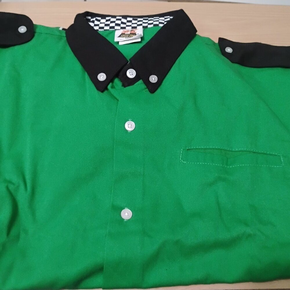 Speed Zone Race Gear Shirt Green Black Collar Epaulets Checkered Trim Racing.2XL